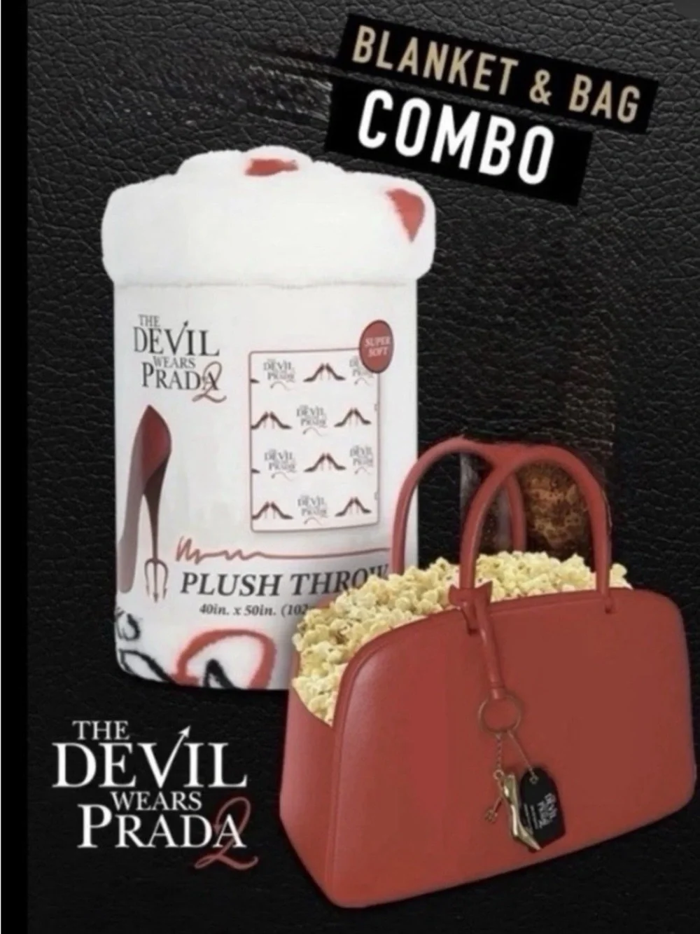 The Devil Wears PRADA Popcorn Purse Bucket With Charms & Blanket Set New